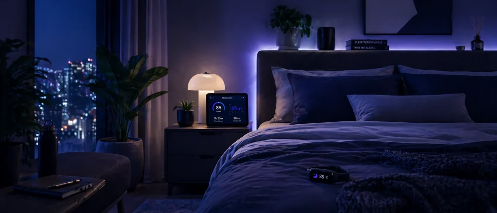 modern bedroom optimized for sleep performance with wearable sleep tracker and calming blue lighting