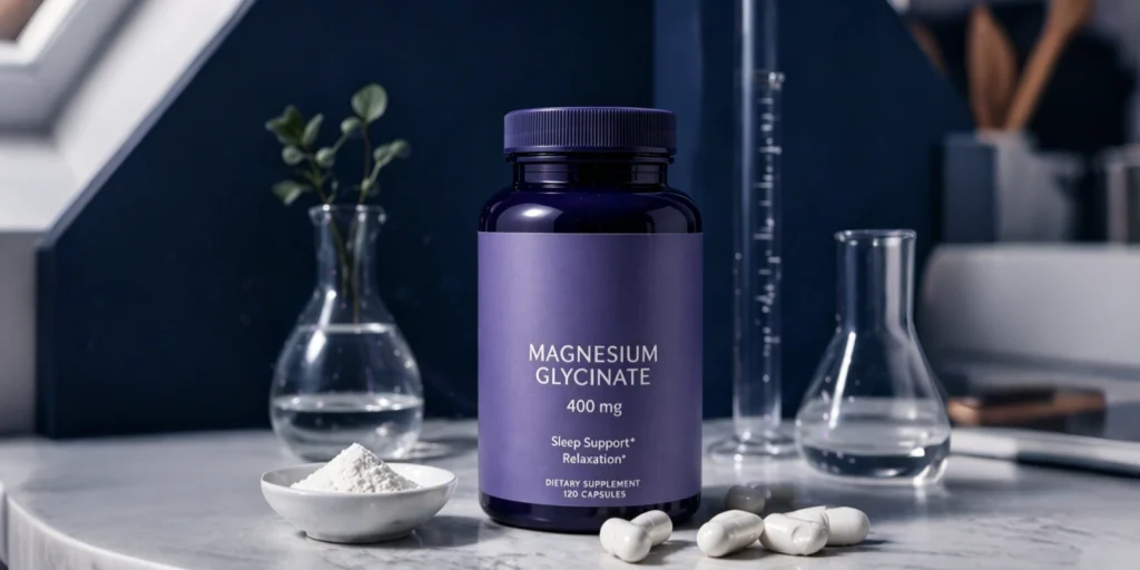 magnesium supplement capsules with calming abstract waves for sleep support
