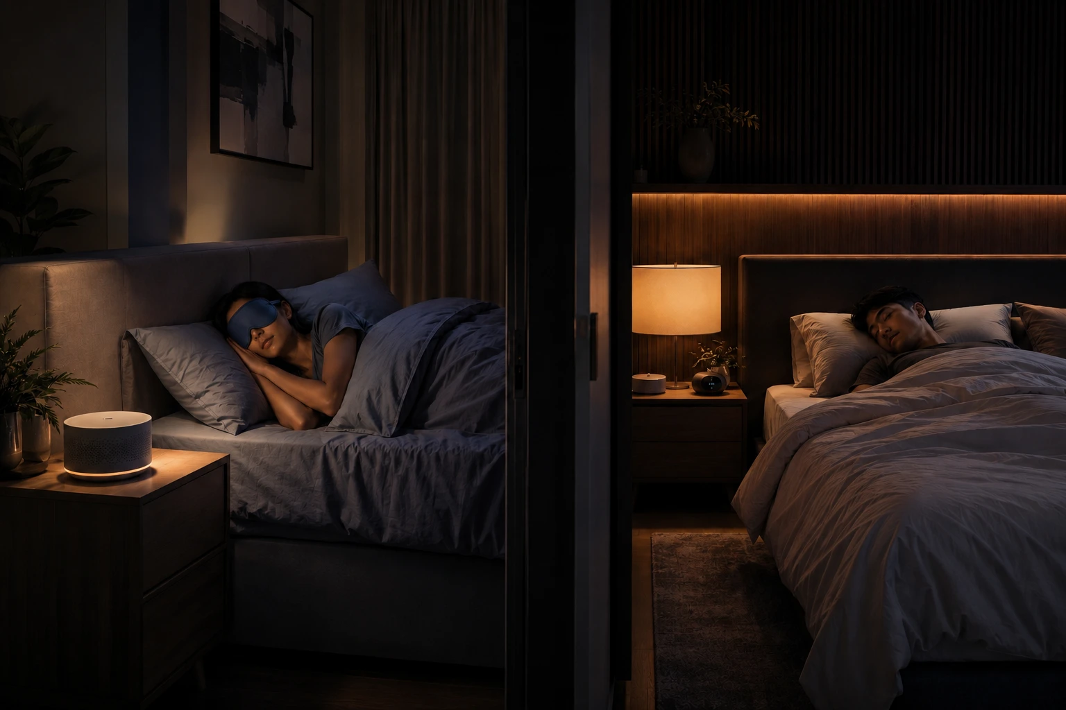 personalized luxury sleep environments with white noise machine and blackout sleep accessories