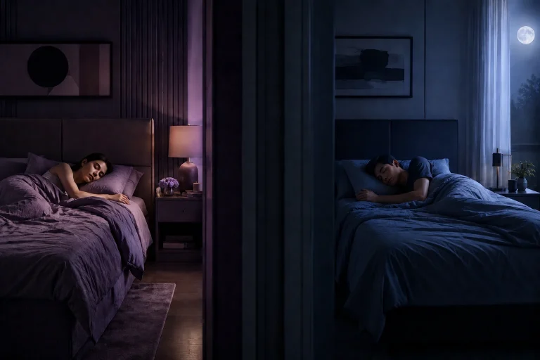 couple sleeping separately in calm modern bedrooms for improved sleep quality