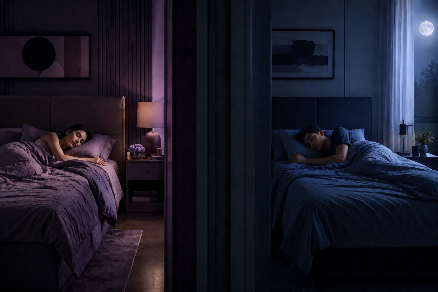 couple sleeping separately in calm modern bedrooms for improved sleep quality