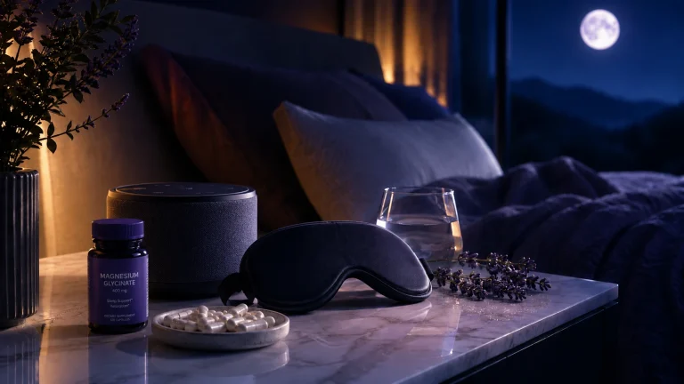 Modern non prescription sleep aids arranged on a minimalist bedside table with magnesium capsules, white noise machine, and sleep mask in a calming nighttime environment