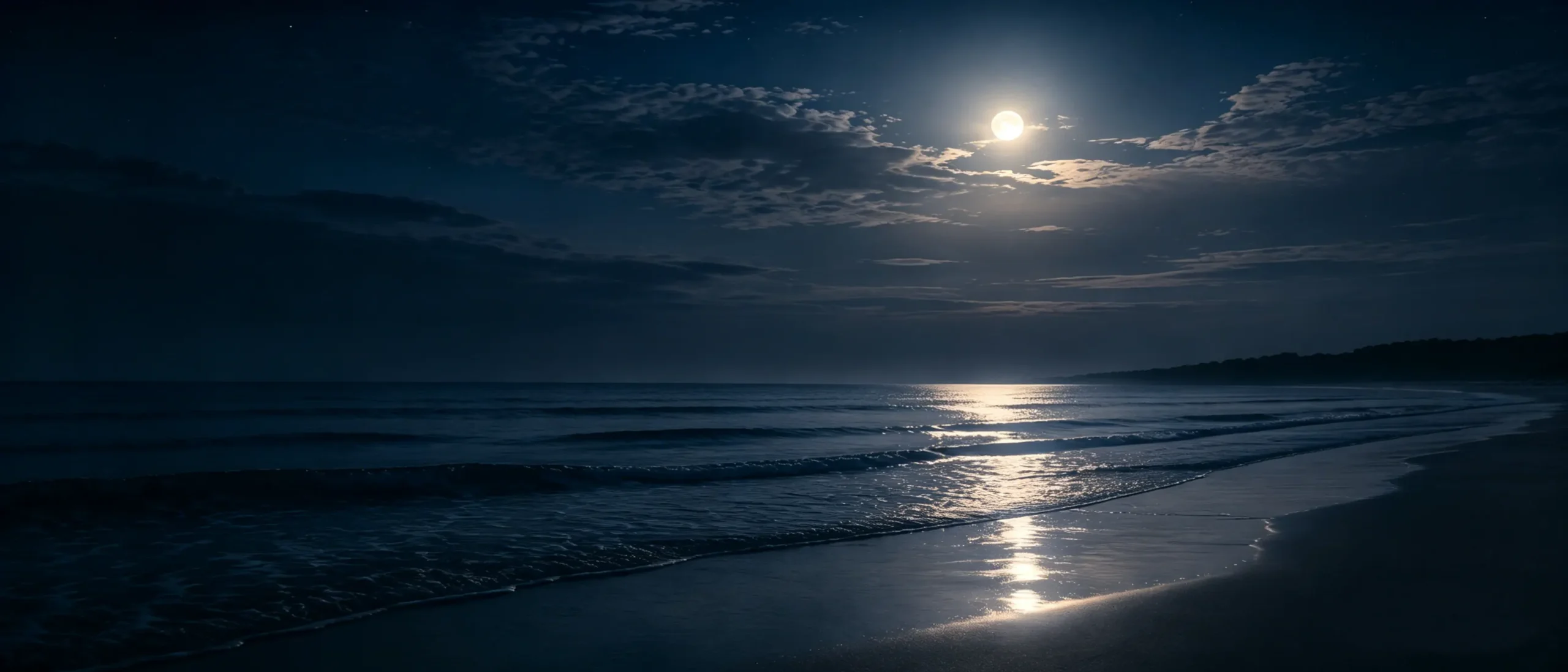 Ultra-wide night ocean scene with moonlight reflecting on calm water, promoting relaxation and restorative sleep