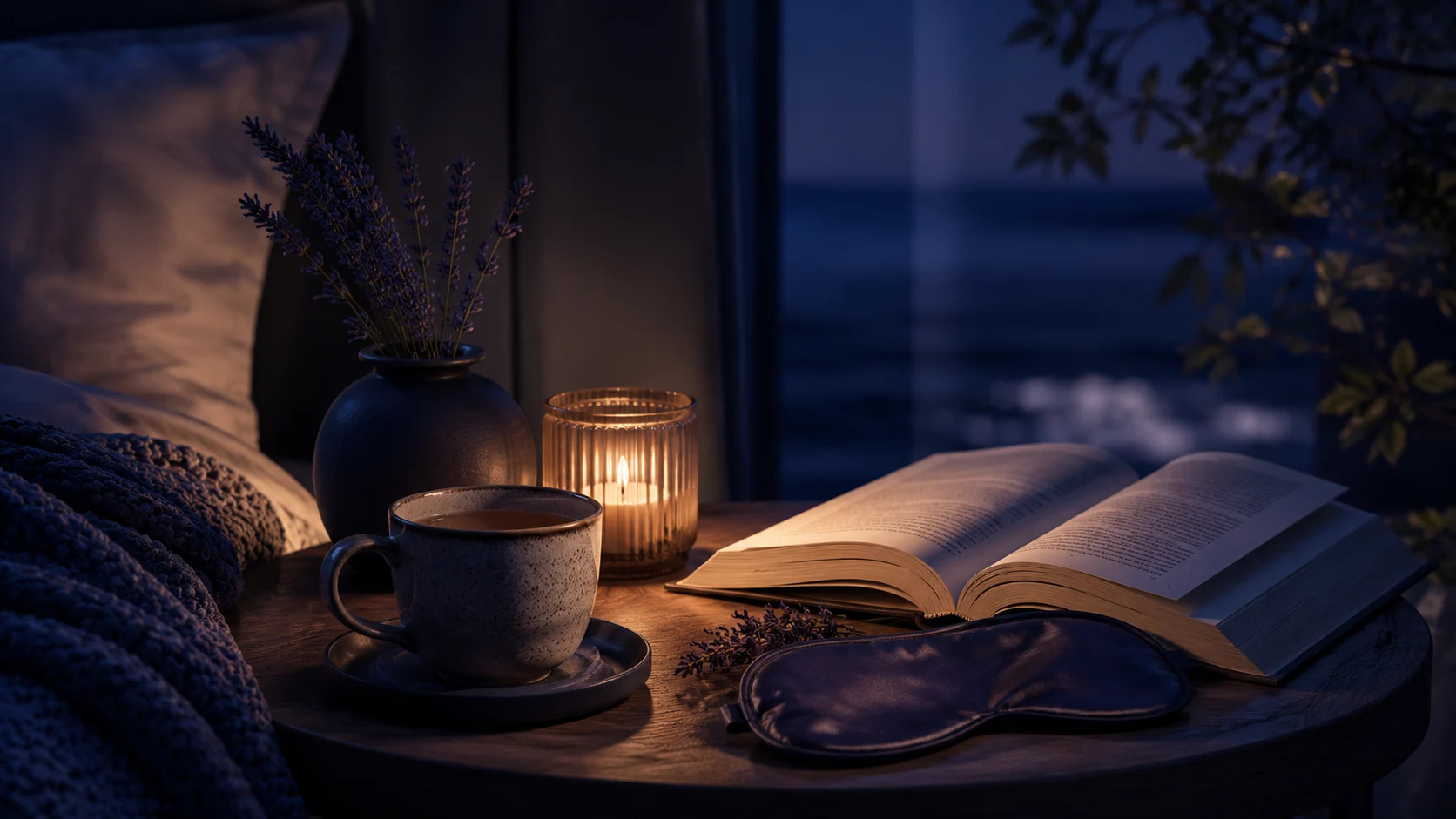 luxury evening relaxation setup with herbal tea, open book, and calming bedtime atmosphere