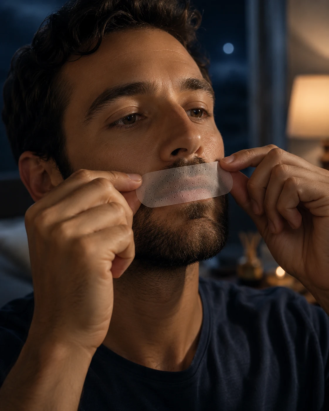 Close-up of beard-friendly mouth tape being applied correctly over a short beard and mustache