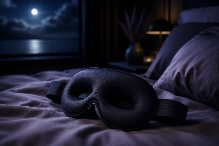Luxury 3D contoured sleep mask resting on soft linen bedding in a dark premium bedroom environment