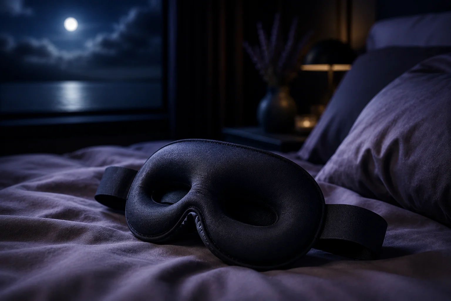 Luxury 3D contoured sleep mask resting on soft linen bedding in a dark premium bedroom environment