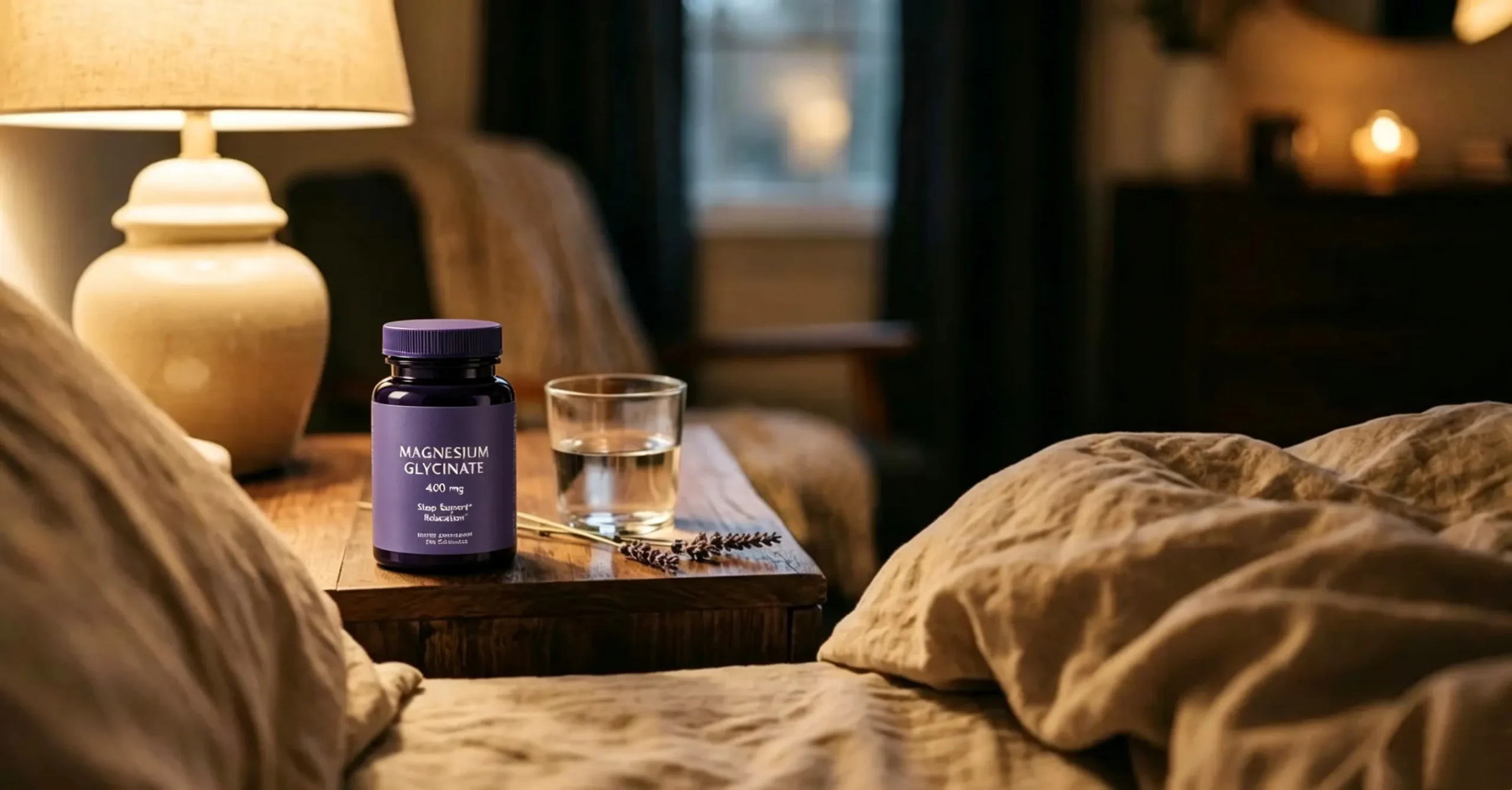 magnesium glycinate capsules beside herbal tea on bedside table warm lighting nighttime sleep relaxation scene
