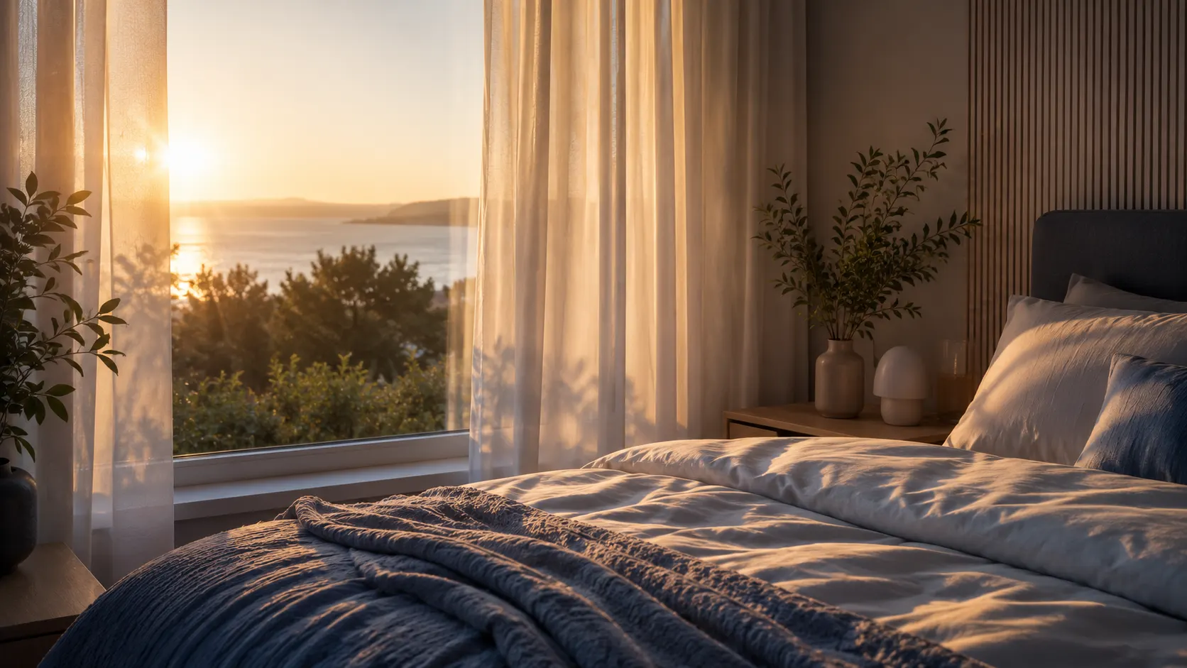 soft sunrise light entering a calm minimalist bedroom for circadian rhythm support