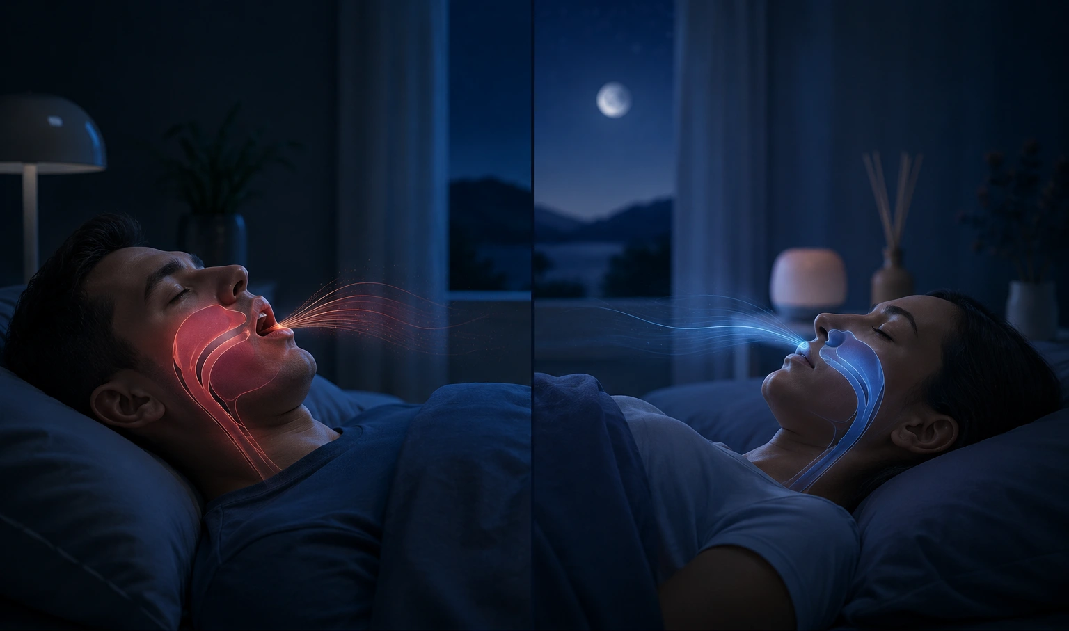 split-scene comparison of mouth breathing and nasal breathing during nighttime sleep