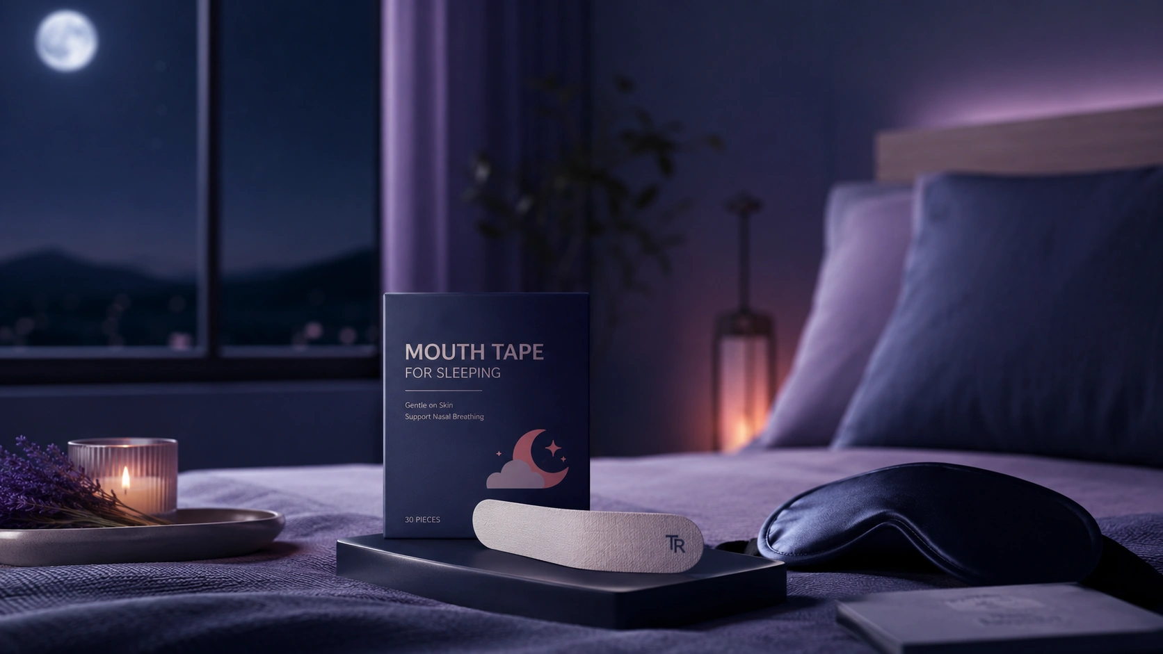 mouth tape for sleeping beside calming nighttime sleep setup in premium moonlit bedroom