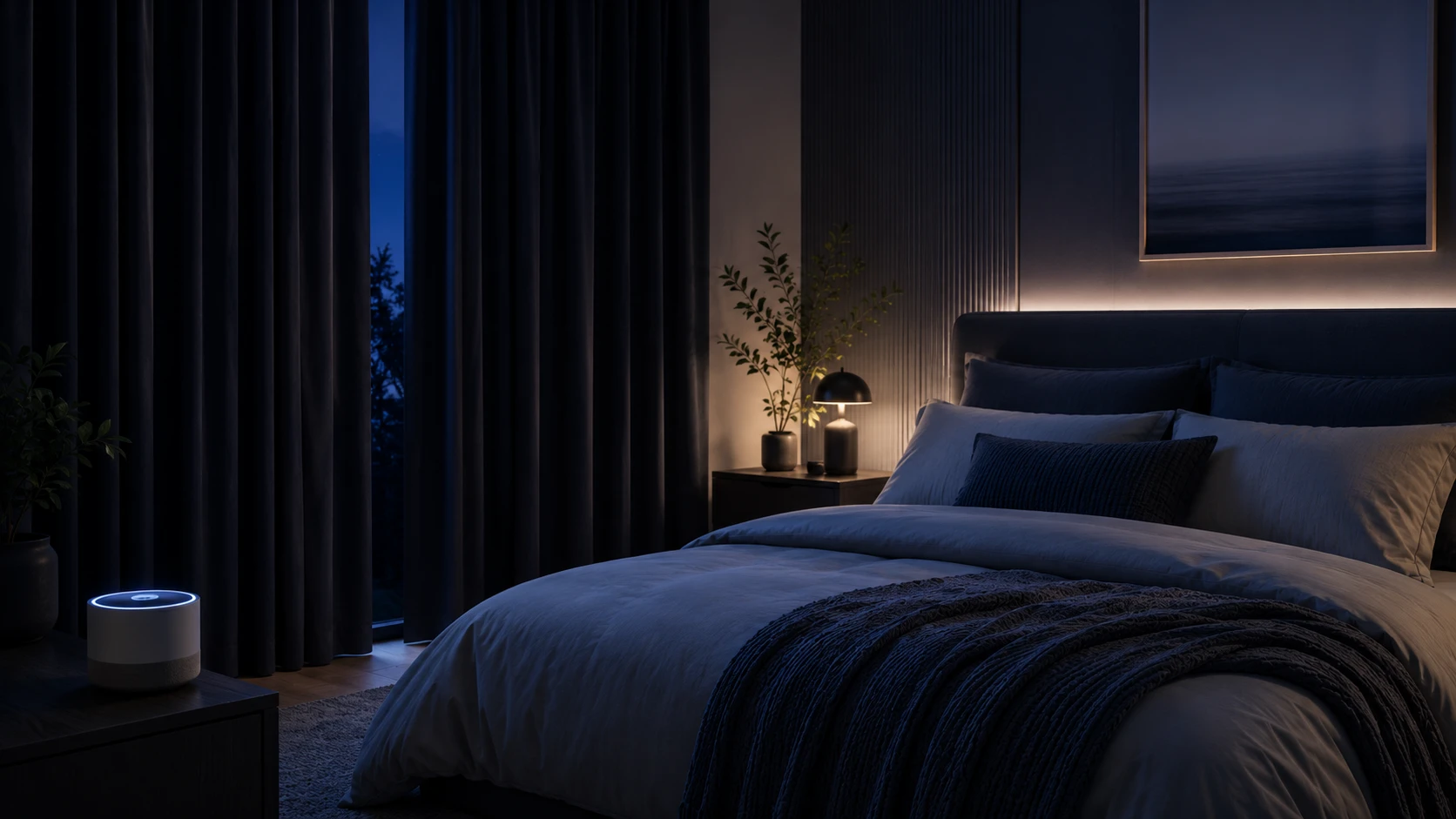 modern sleep-optimized bedroom with blackout curtains and calming nighttime lighting