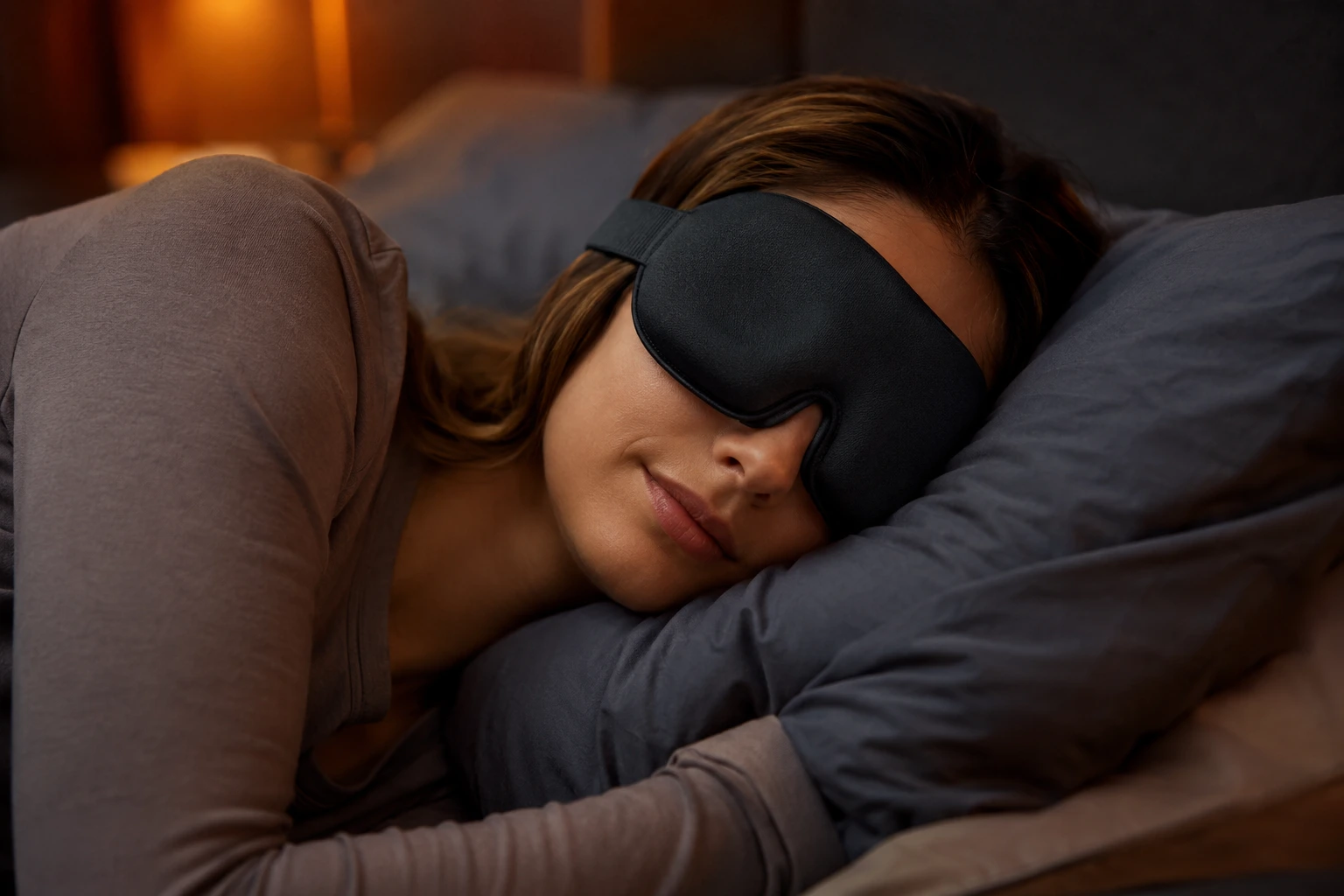 Side sleeper wearing a 3D contoured blackout sleep mask with ergonomic eye cup support