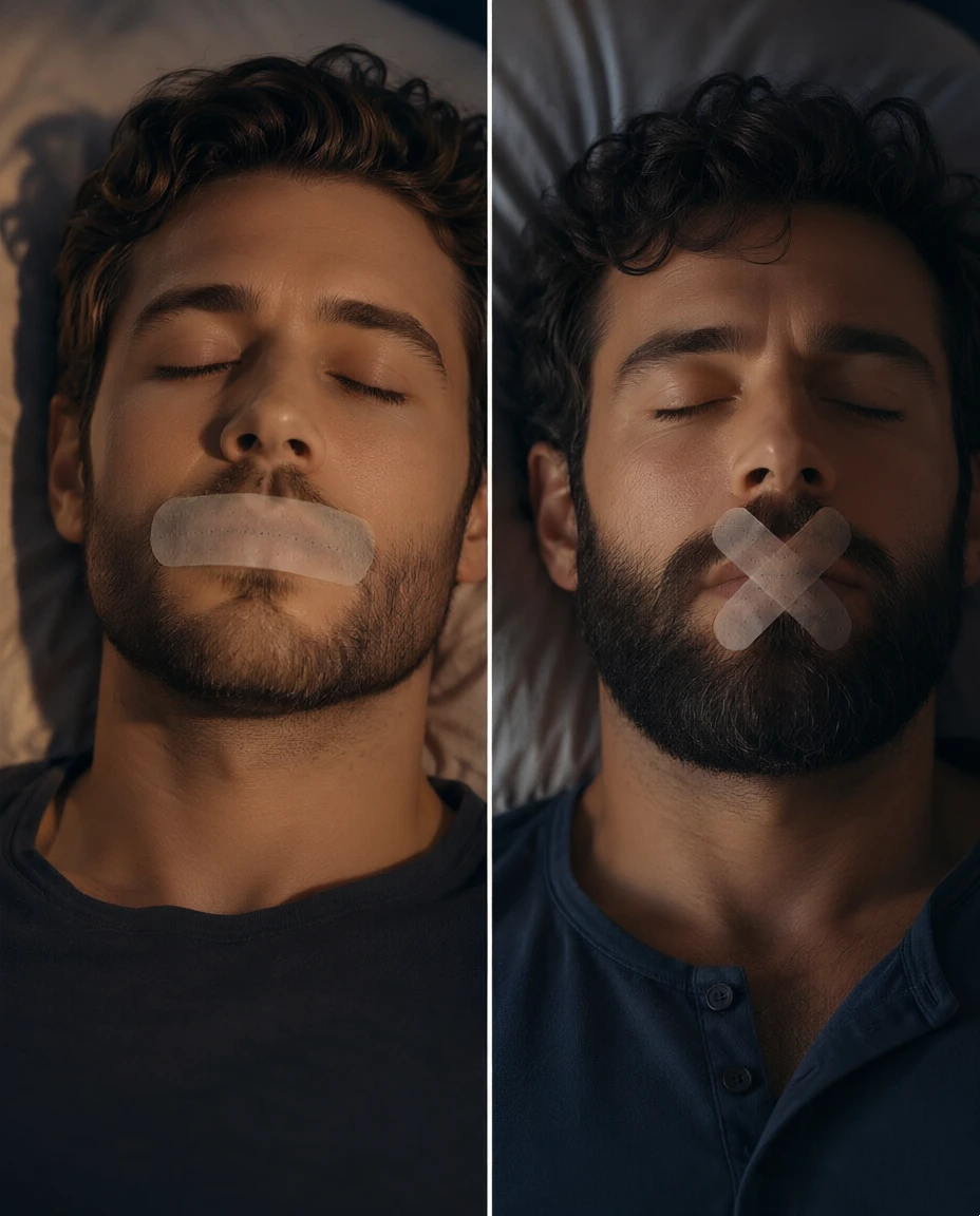 Vertical strip and X-shape mouth tape comparison on male models with different beard densities