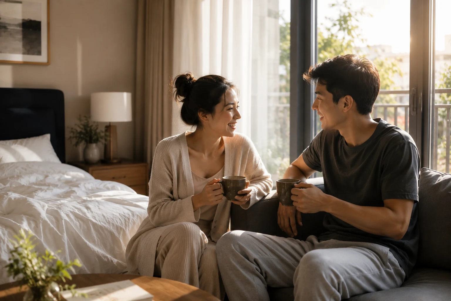 happy well-rested couple enjoying coffee together after sleeping separately