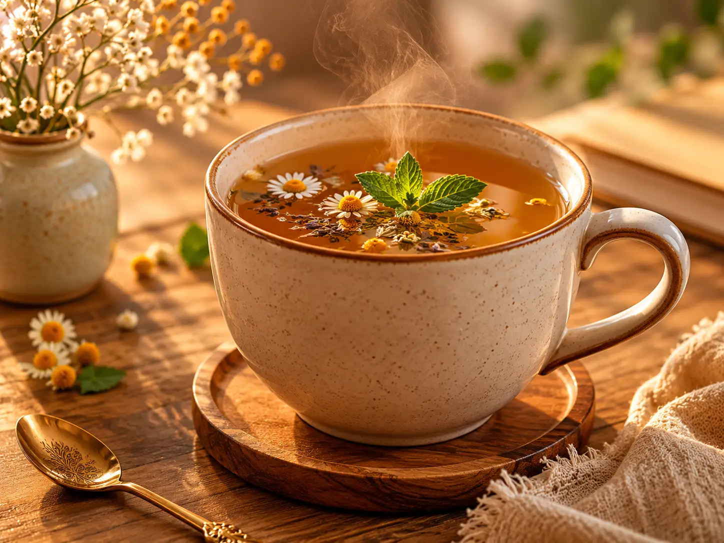 An elegant ceramic mug filled with warm herbal tea on a wooden table during the late afternoon golden hour.