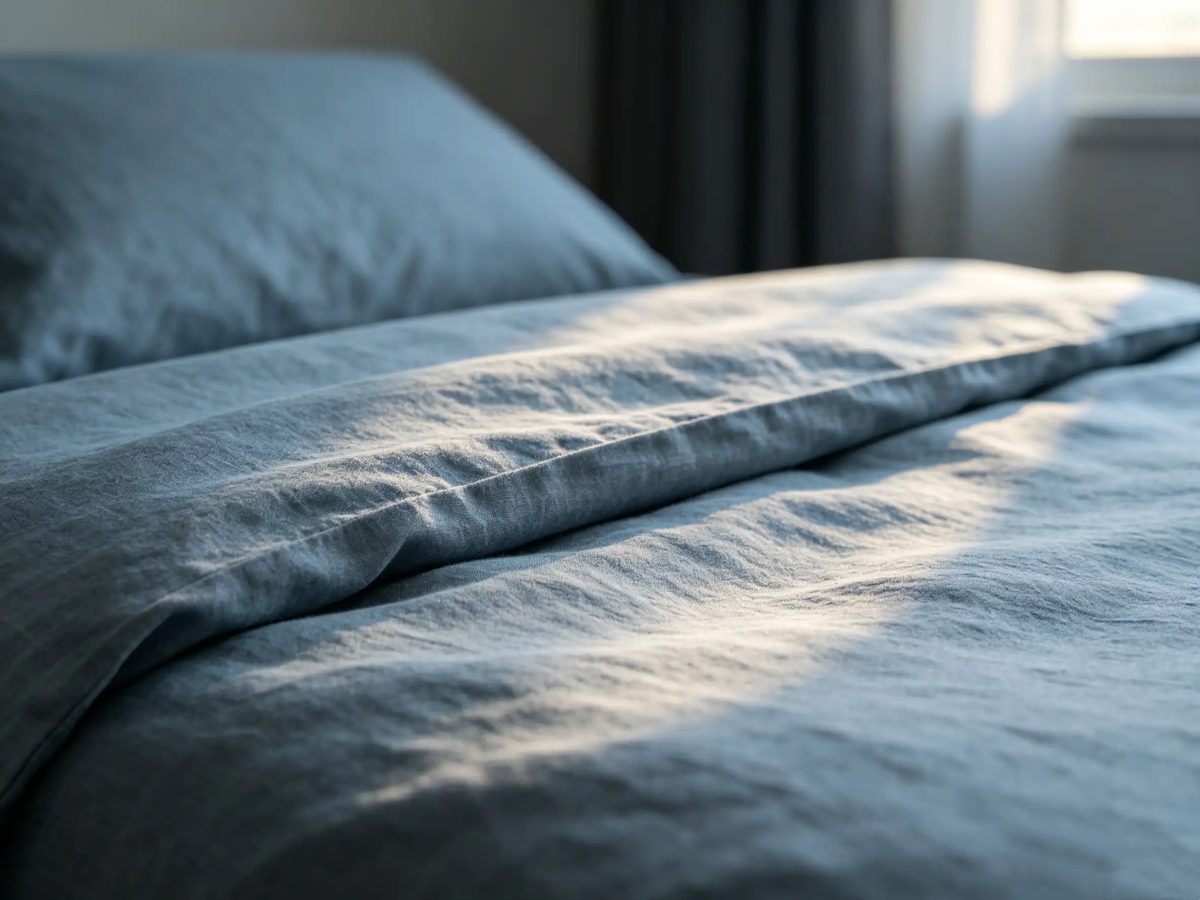 Close-up shot of high-quality, breathable cotton and linen bedding in a cool muted gray-blue color palette.