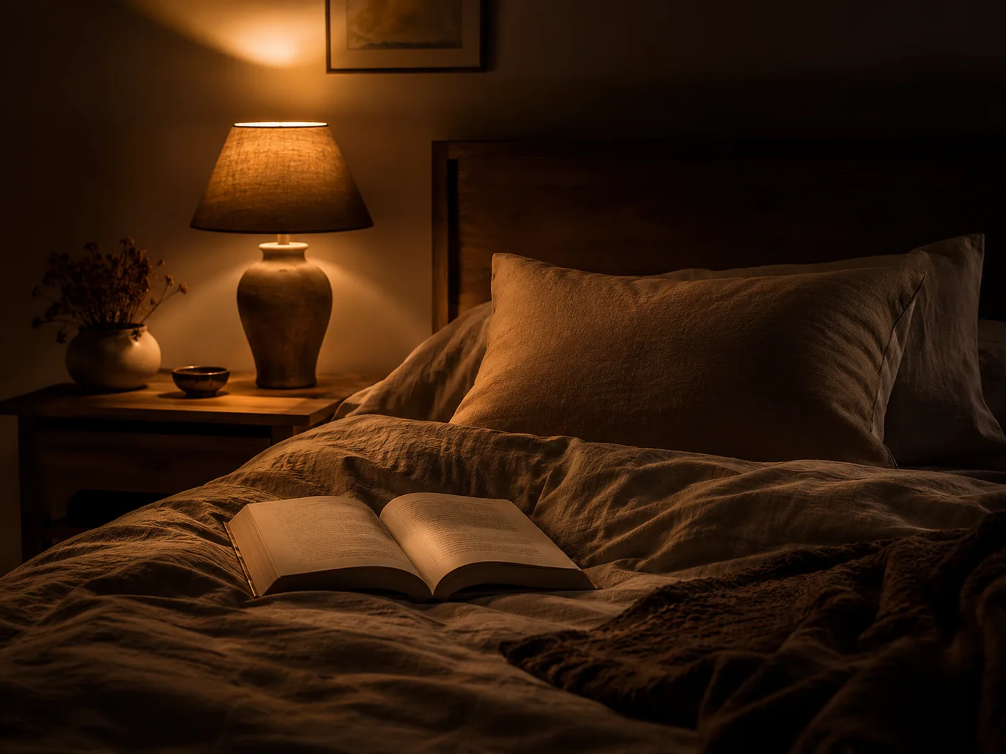 A cozy nighttime bedroom illuminated only by a dim bedside lamp, with an open book on the bed and no screens or phones visible.