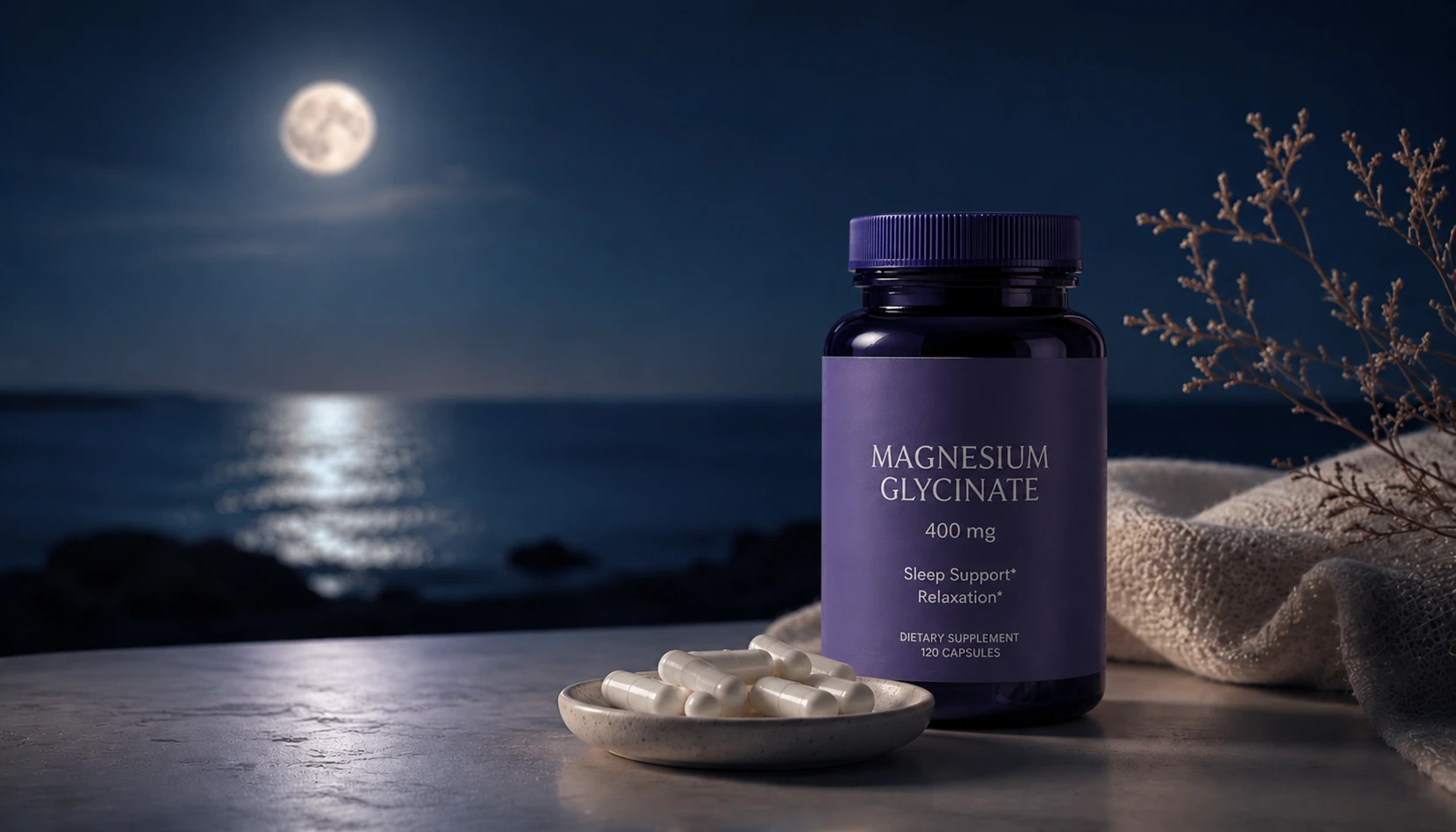 magnesium capsules under soft moonlight representing natural sleep support and relaxation