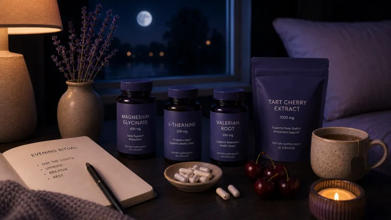 Natural non-melatonin sleep aids arranged in a premium nighttime wellness scene