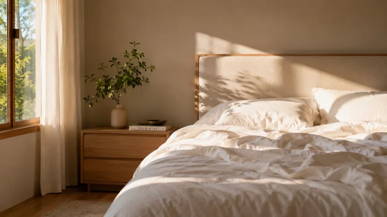 A bright and minimalistic bedroom in the early morning with natural sunlight streaming onto a neat bed with white linen sheets