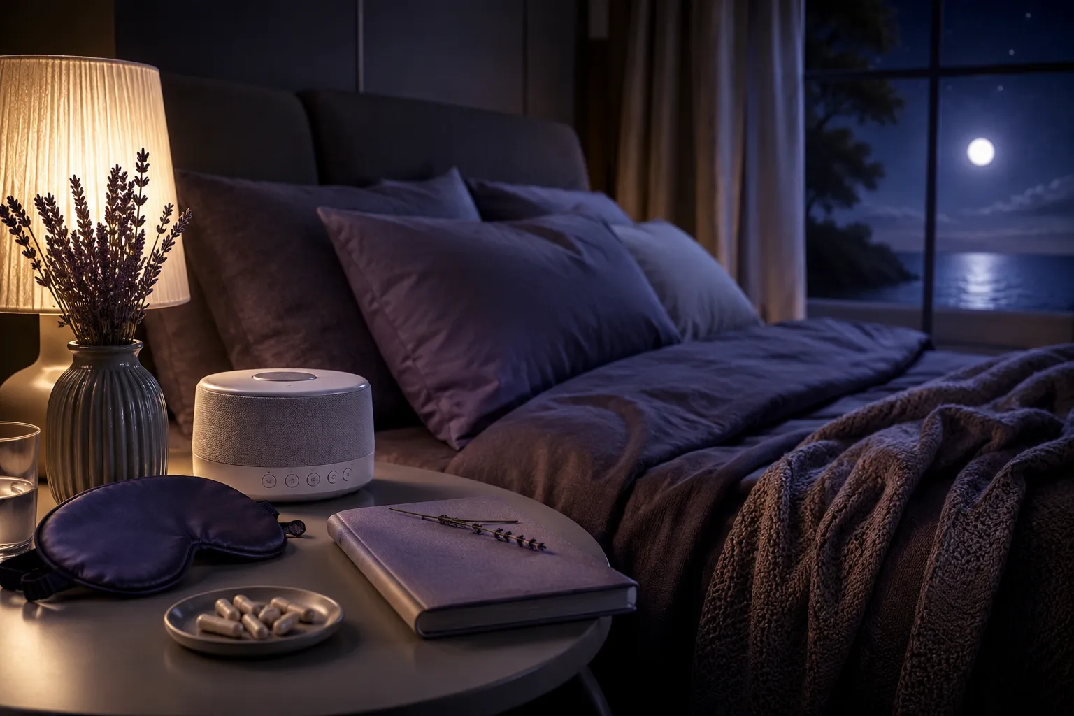A premium dark gray 3D contoured sleep mask resting elegantly on a minimalist nightstand next to a white noise machine in low lighting.