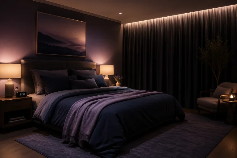 luxury bedroom with blackout curtains warm lighting and optimized sleep environment
