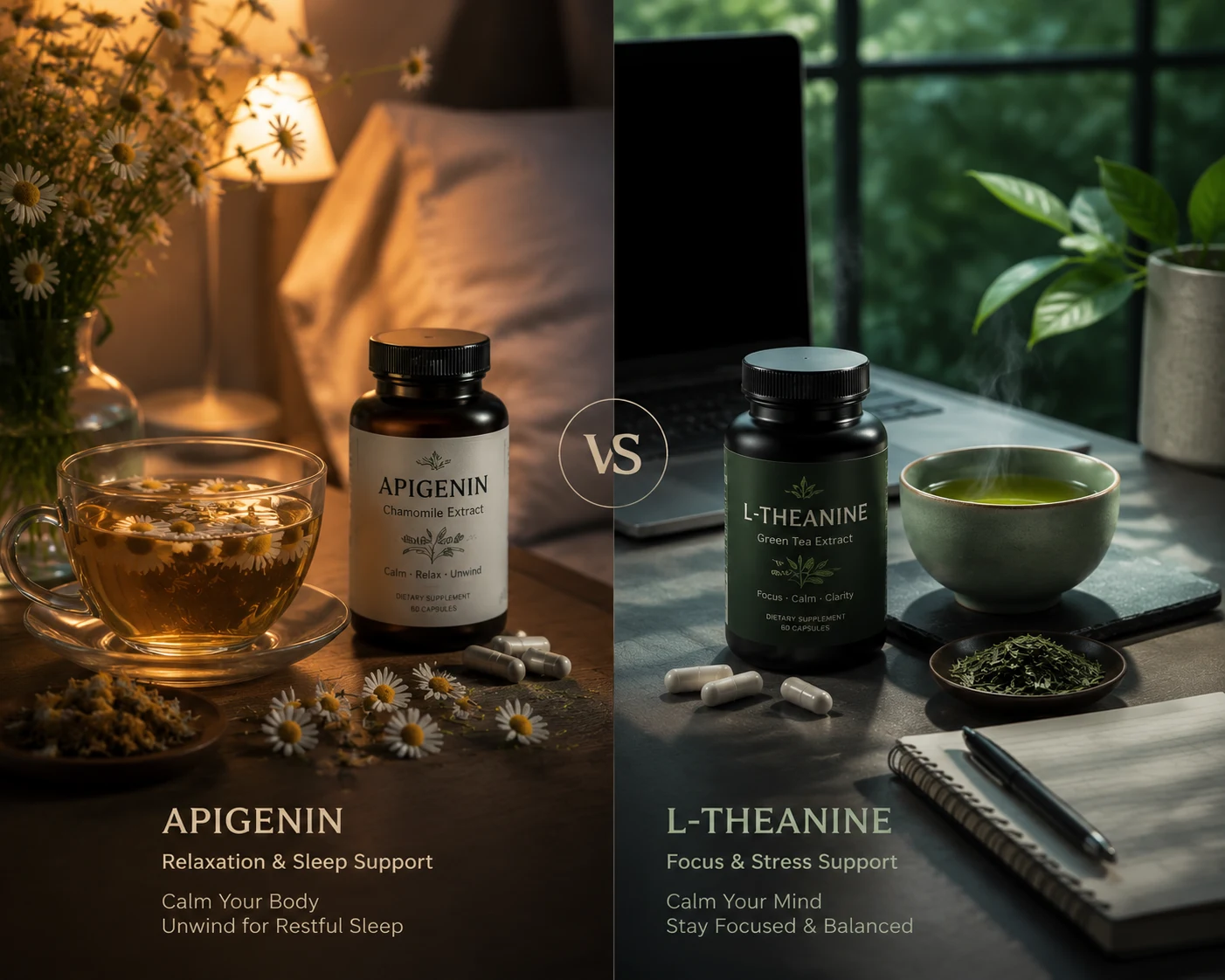 split scene chamomile apigenin vs green tea L-theanine sleep comparison balance calm focus contrast