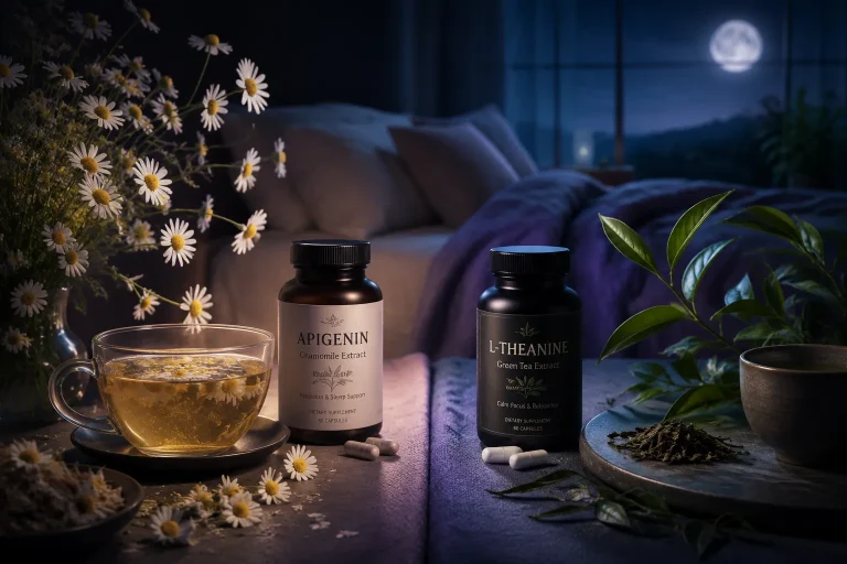 apigenin chamomile vs L-theanine green tea sleep supplement comparison in calming night scene