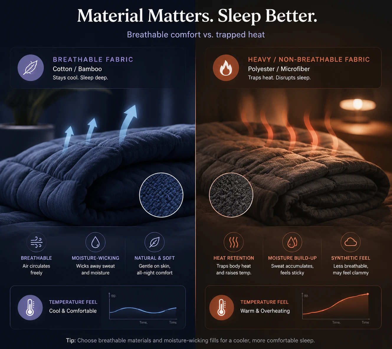 Split comparison of breathable cotton bamboo fabric versus overheating heavy synthetic fabric for weighted blankets