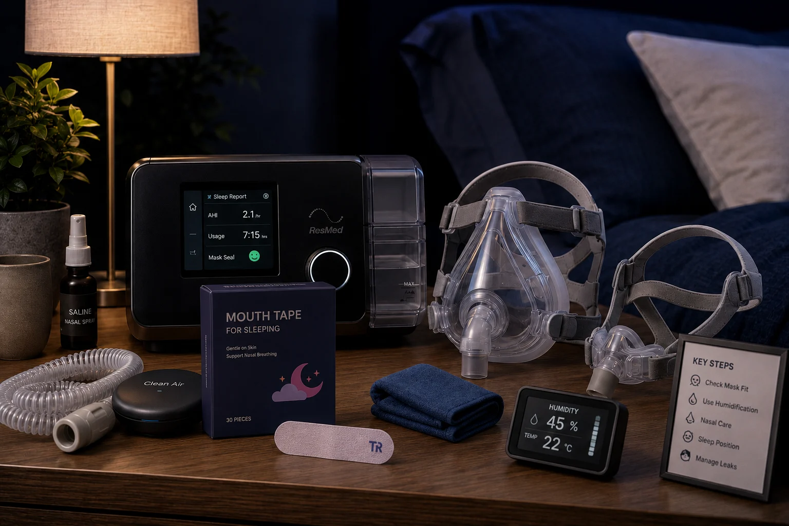 CPAP machine with full face mask, nasal mask, humidity controls, and sleep accessories on bedside table