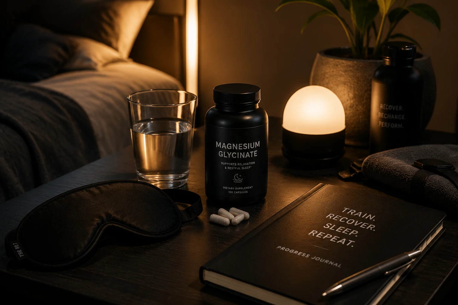 Bedside recovery setup with sleep mask, magnesium supplement, journal and soft lighting
