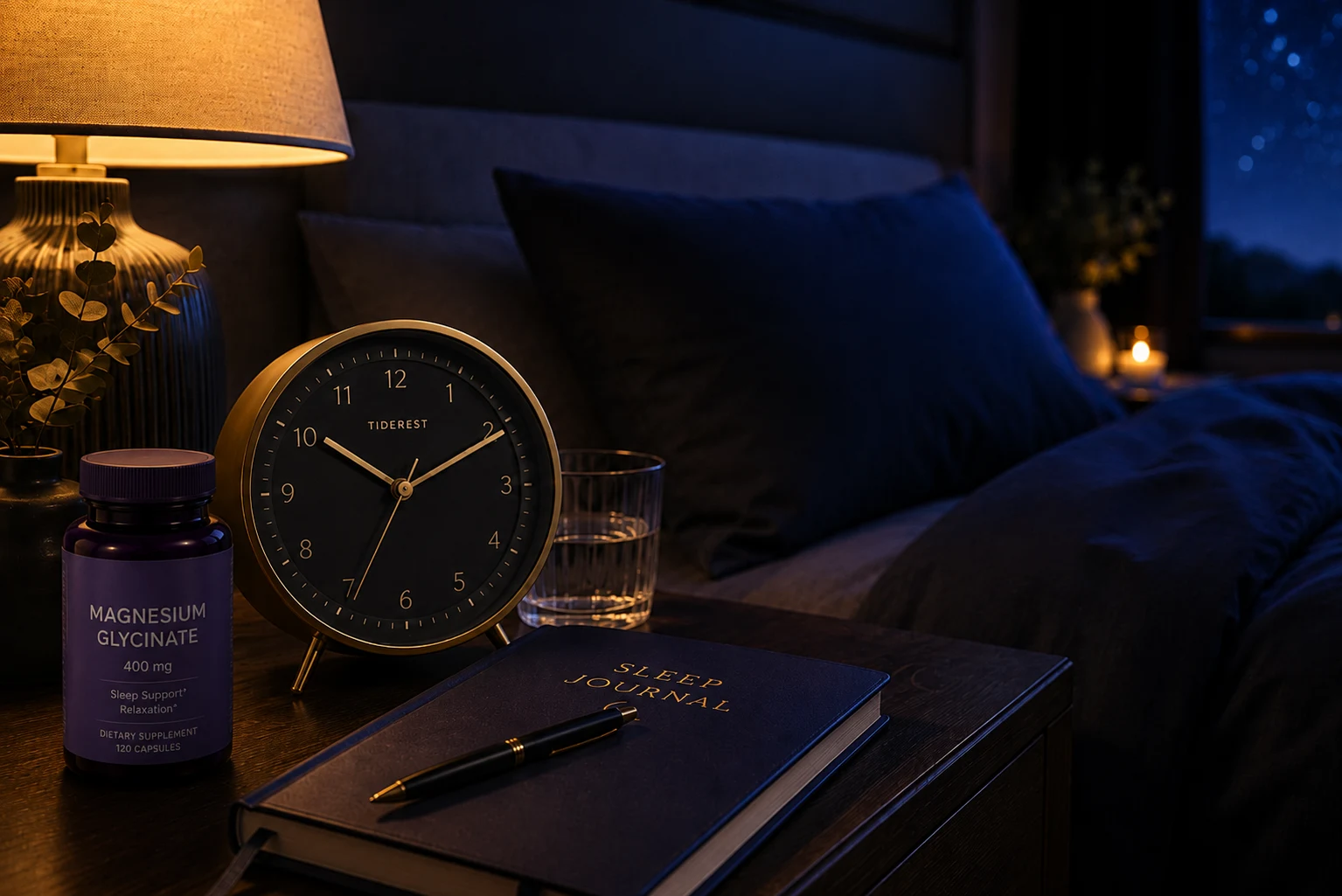 bedside table with analog clock showing consistent sleep schedule and circadian rhythm concept