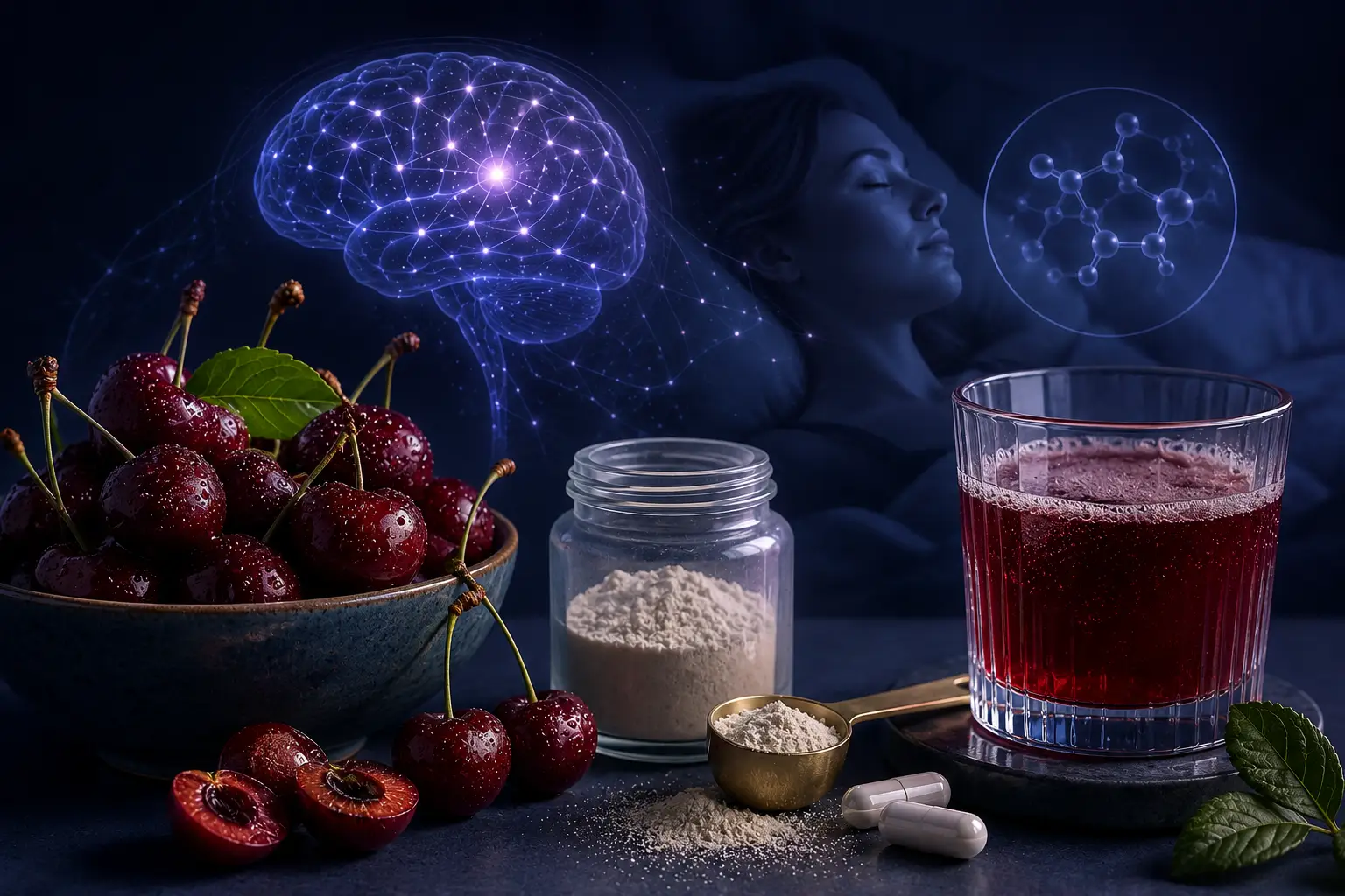 tart cherries magnesium supplement and relaxation concept illustrating potential sleep supporting ingredients