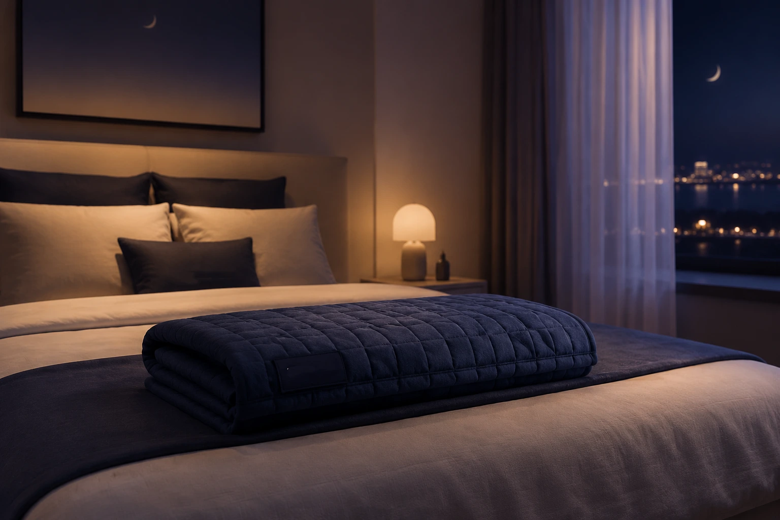 Minimal luxury bedroom with weighted blanket at foot of bed, soft moonlight and deep navy calming atmosphere