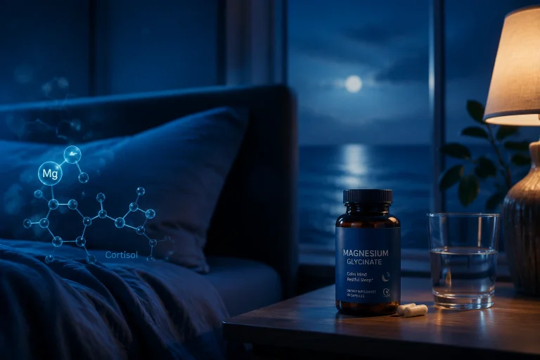 Luxury nighttime bedroom with magnesium supplement on bedside table and calming blue lighting representing cortisol reduction and stress relief