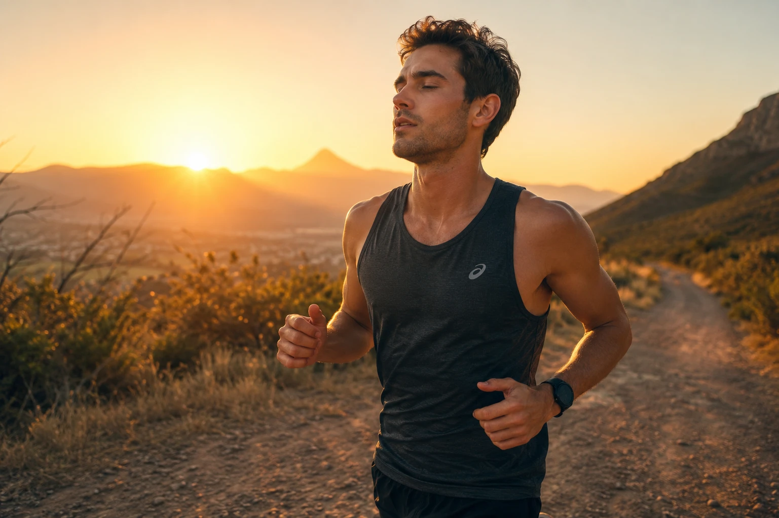 Athlete running at sunrise practicing calm nasal breathing for endurance and performance