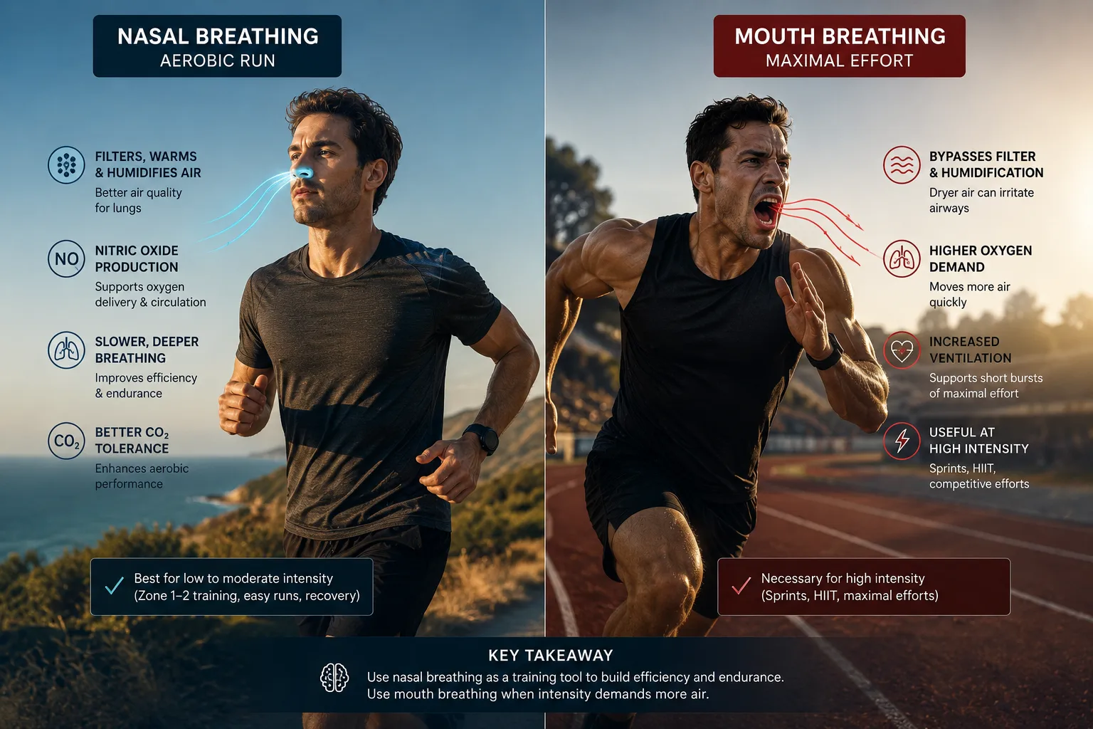 Split-screen showing nasal breathing during aerobic running versus mouth breathing during high-intensity sprint