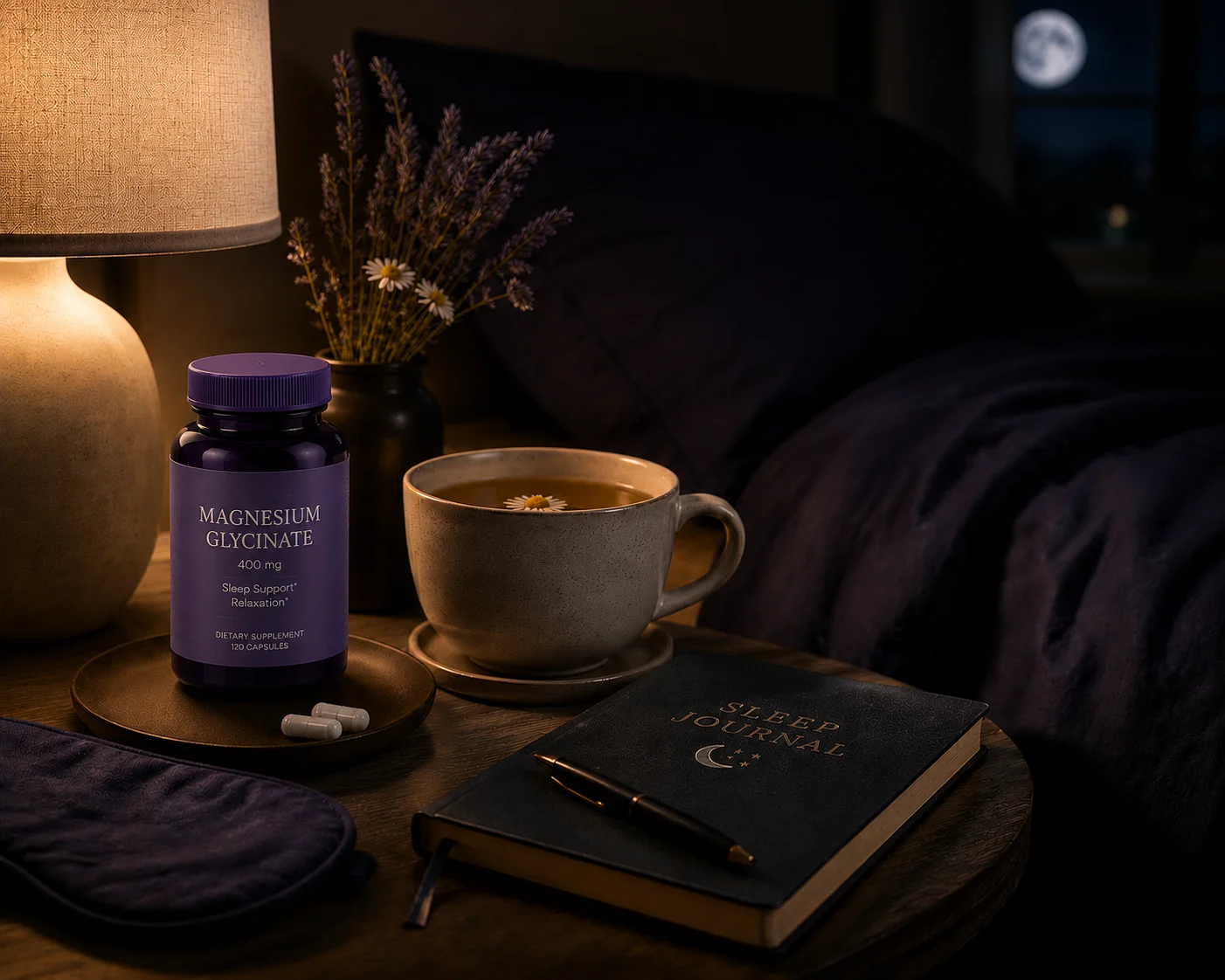 bedside sleep stack magnesium supplement herbal tea sleep journal soft lamp glow nighttime wellness setup