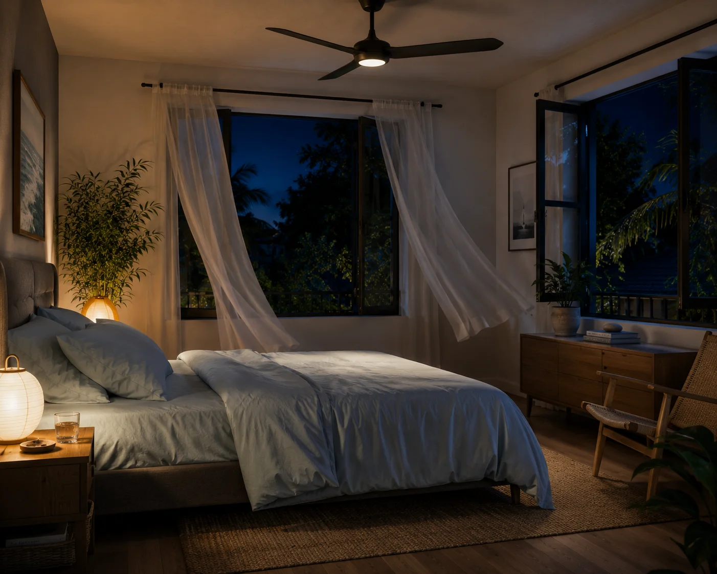 modern bedroom with cross-ventilation and ceiling fan running for cool sleep