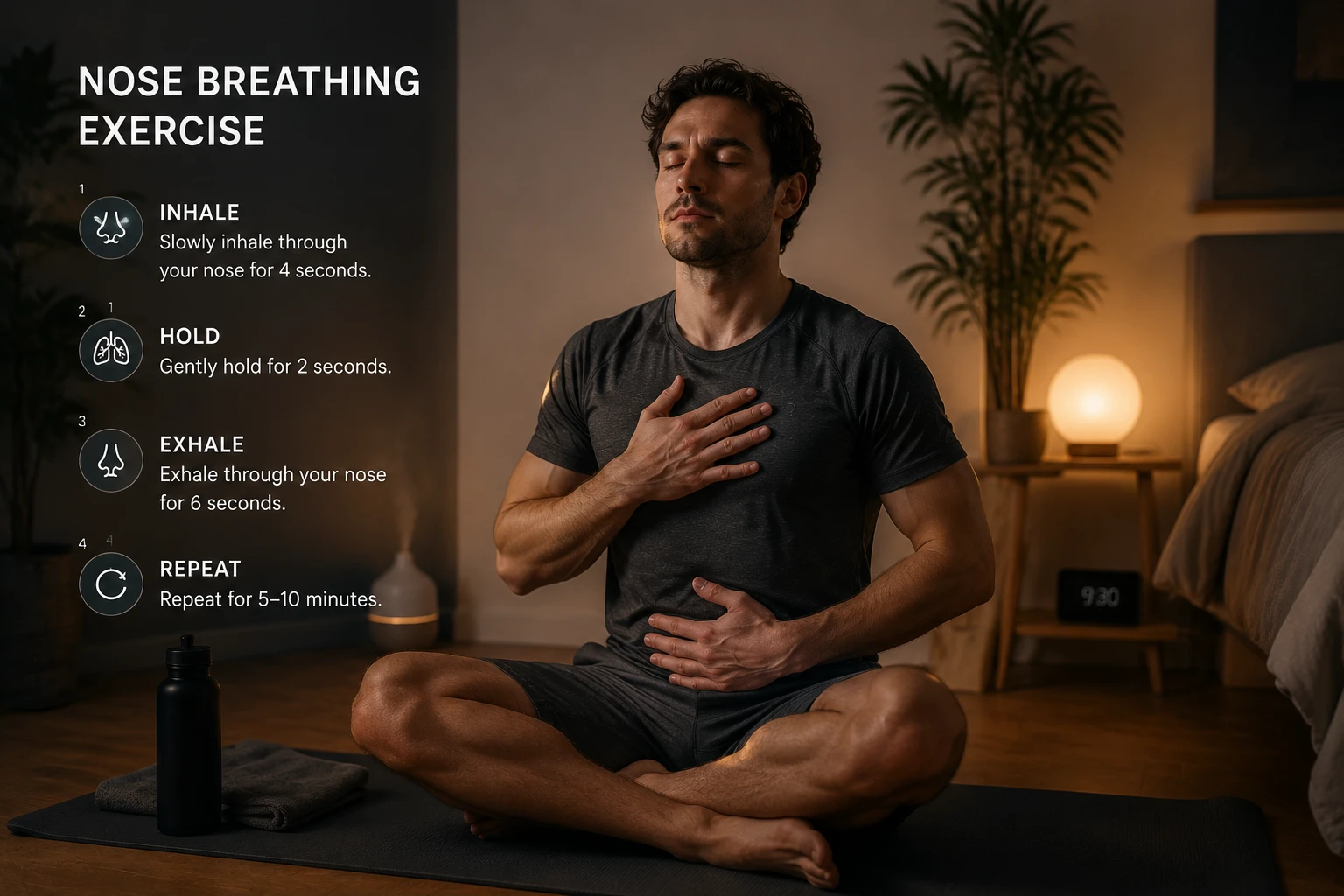 Athlete practicing diaphragmatic nose breathing on yoga mat before bedtime