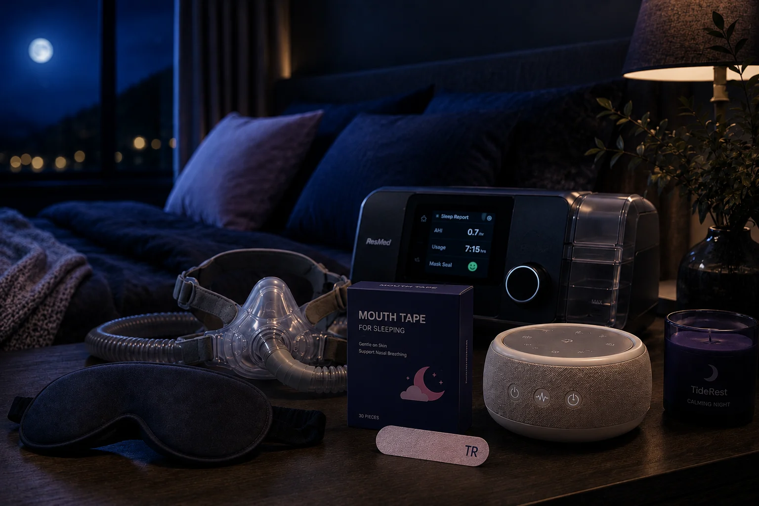 premium sleep wellness bedroom featuring CPAP equipment, sleep mask, white noise machine, and nasal breathing accessories