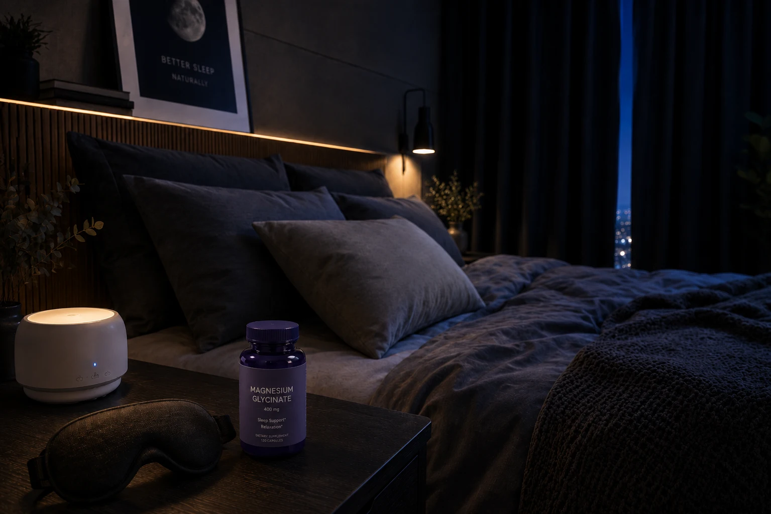 luxury bedroom with blackout curtains white noise machine and cool lighting for optimal sleep environment