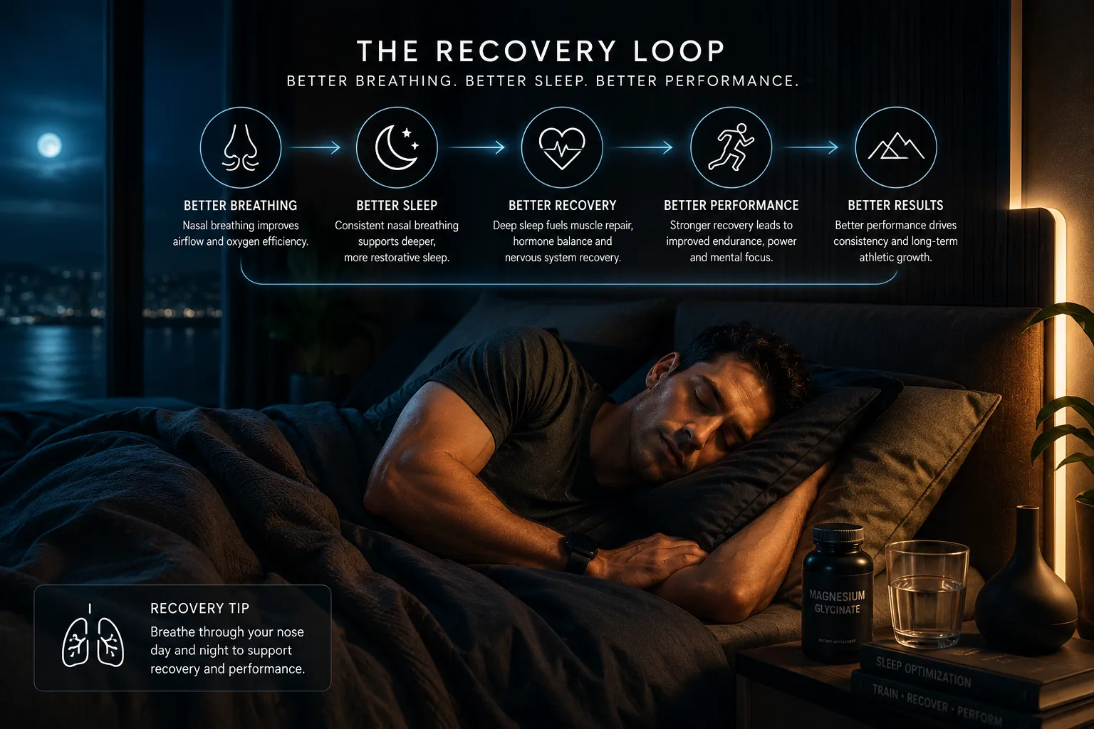 Athlete sleeping in a dark luxury bedroom representing recovery and performance connection