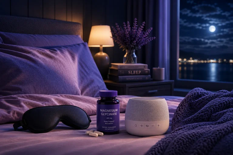 Luxury sleepmaxxing bedroom featuring a contoured sleep mask, magnesium supplement, white noise machine, and premium sleep environment