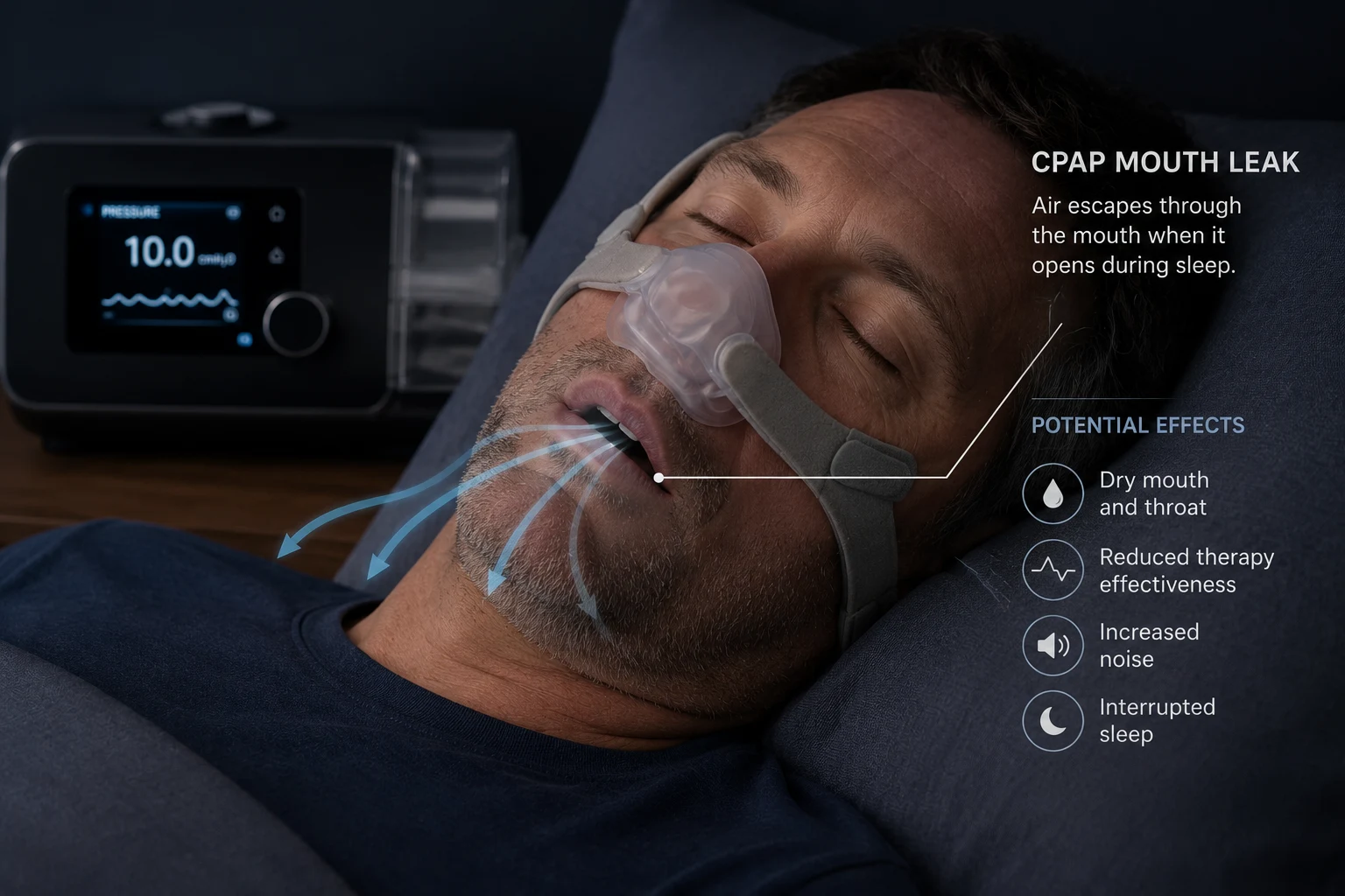 illustration of CPAP mouth leak with airflow escaping from slightly open lips while using a nasal CPAP mask