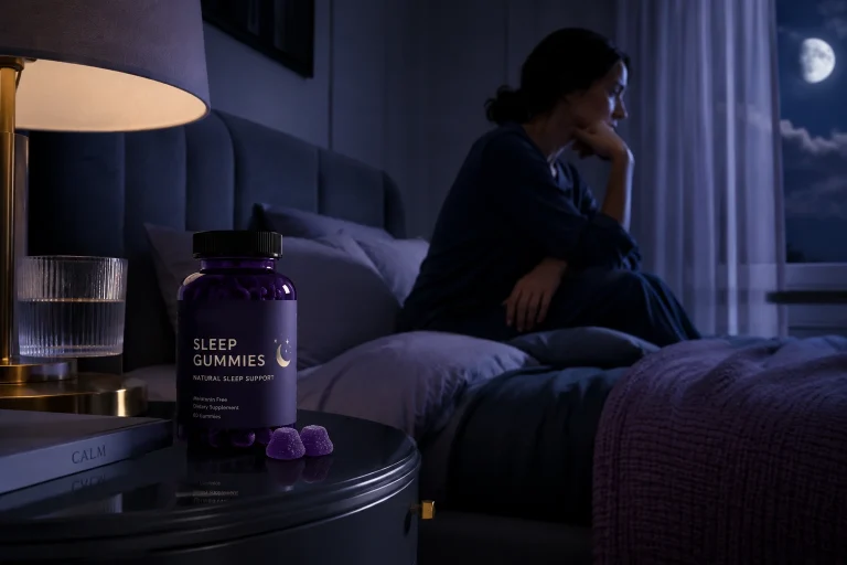 Adult sitting on bed with sleep gummies on bedside table, soft moonlight, questioning sleep effectiveness