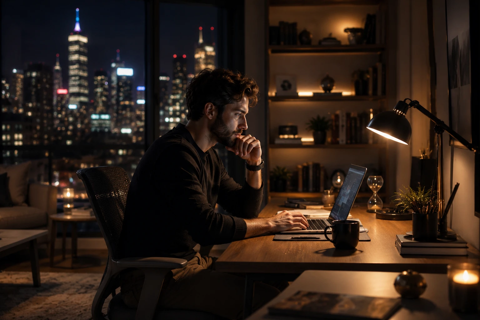 Night owl professional working productively during evening hours in a home office