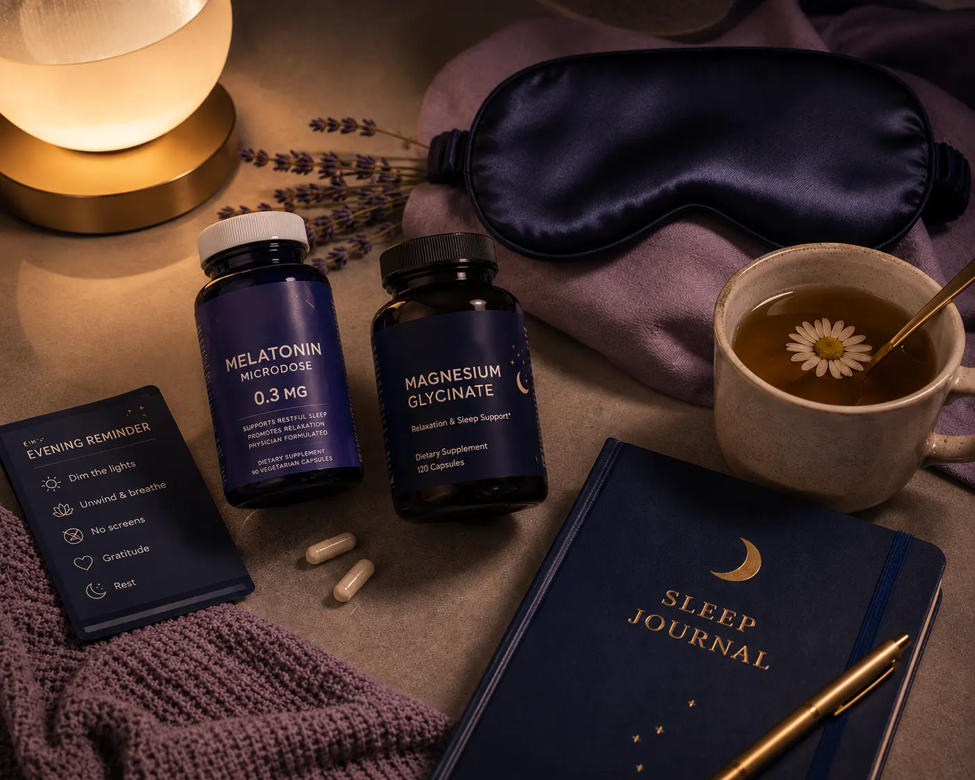 Nighttime routine essentials including melatonin, magnesium, sleep journal, and sleep mask