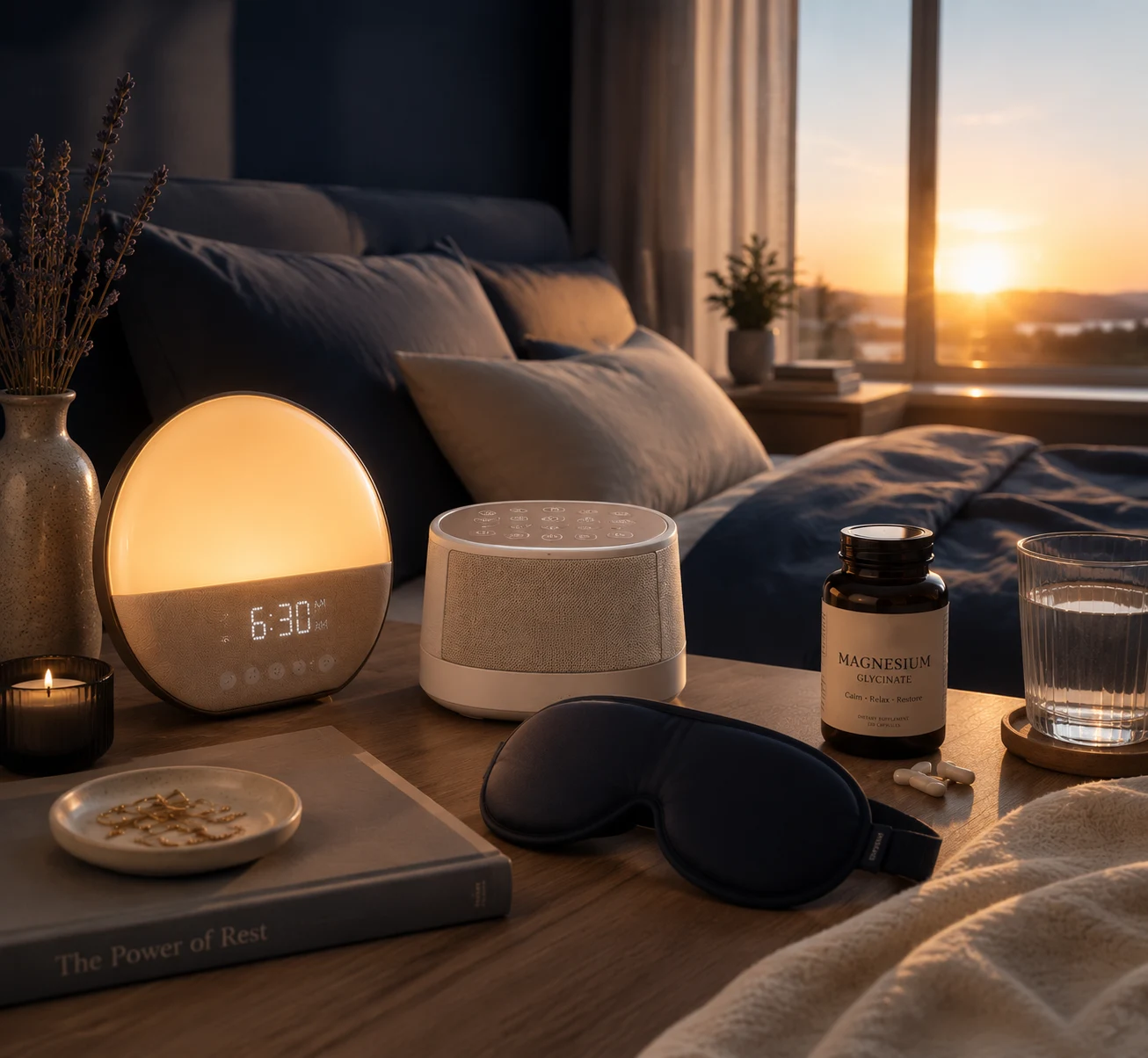 premium sleep environment featuring sunrise alarm clock and sleep wellness products